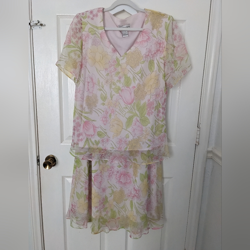 dressbarn Pastel Floral Two-Piece Midi Skirt Set in Pink, Yellow, and Green
